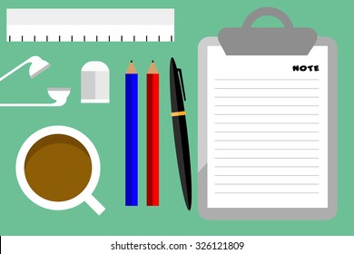 Flat Style Modern Design of Office Workplace. Vector Illustration. Top View of a Table with Note Paper, pen, Pencils, Eraser, Ruler , Ear phones and Coffee Cup. Working or studying concept