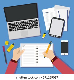 Flat Style Modern Design of Office Workplace. Icons Set of Business Work Flow Items and Gadgets. Working or Studying Concept. Top View on blue background.