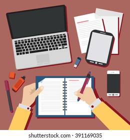 Flat Style Modern Design of Office Workplace. Icons Set of Business Work Flow Items and Gadgets. Working or Studying Concept. Top View on red background.