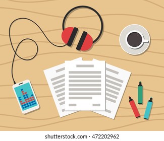 Flat Style Modern Design of Office Workplace. Icons set of business work flow items and gadgets on desk. Working or studying concept. Top view. Vector Illustration