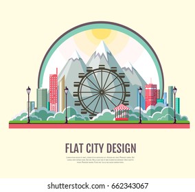 Flat style modern design of public park with mountains landscape