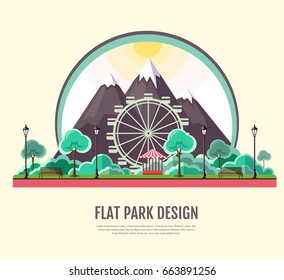Flat style modern design of public park with mountains landscape