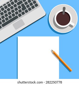  Flat Style Modern Design. Top view of Office Workplace. Icons of laptop keyboard, coffee cup and blank paper with copy space. Vector Illustration