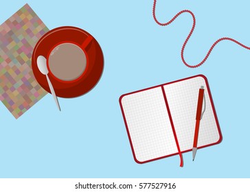 Flat Style Modern Design. Top view of Office Workplace. Icons of coffee cup and note with copy space