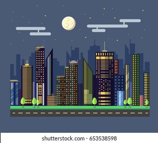 Flat style modern design of urban night city landscape. Vector icon set