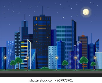 Flat style modern design of urban night city landscape. 