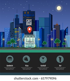 Flat style modern design of urban city landscape with location pin