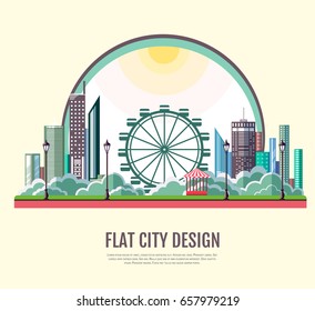 Flat style modern design of urban city landscape. Vector icon set