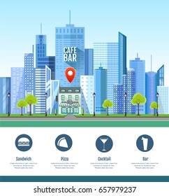 Flat style modern design of urban city landscape with location pin