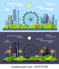 Flat style modern design of urban day and night city landscape. 