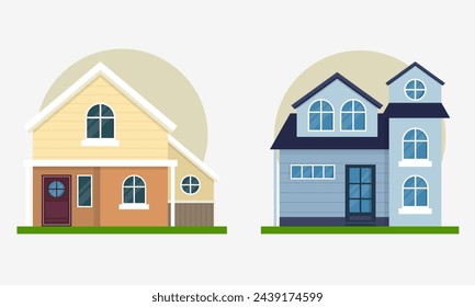 Flat Style Modern Detailed Colorful Cottage Houses Buildings Vector Illustration