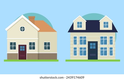 Flat Style Modern Detailed Colorful Cottage Houses Buildings Vector Illustration