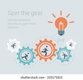 Flat Style Modern Effective Process Teamwork, Workforce Infographic Template Concept. Conceptual Web Illustration Business People Innovation Spin The Cog Wheel Gear Mechanism Light Up Lamp Idea Icon.