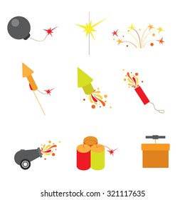 Flat Style Modern Fireworks Web App Concept Icon Set. Bullet Rocket Cannon Gun Detonating Fuse Exploder Slapstick Petard Flap. Website Icons Collection.