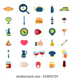 Flat style modern food beverage eat drink cafe restaurant meal time mobile web app interface icon pack set. Hot dog fried egg burger wine beer cook pizza fish jam ice cream cocktail application.