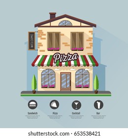 Flat style modern icon design of pizza cafe building. Retro old town design