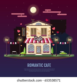 Flat style modern icon design of romantic cafe building. Night scene. Retro old town design