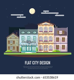 Flat style modern icon design of cafe building. Night scene. Retro old town design