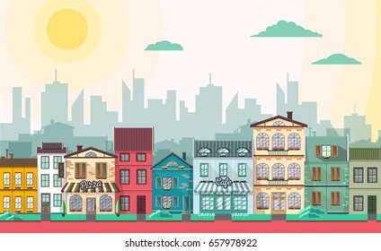 Flat style modern icon design of pizza cafe building. Retro old city design