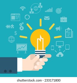 Flat style modern idea innovation light bulb infographic concept. Conceptual web illustration of businessman hand holding lamp. Business strategy planning objects icon set collage.