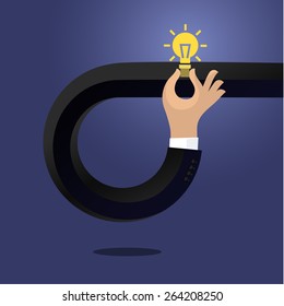 Flat style modern idea innovation light bulb infographic concept. Conceptual web illustration of businessman hand holding lamp. Business strategy planning objects icon set collage.