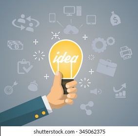 Flat style modern idea innovation light bulb infographic concept. Conceptual web illustration of businessman hand holding lamp. Business strategy planning objects icon set collage.