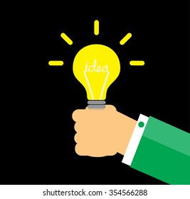 Flat style modern idea innovation light bulb infographic concept. Conceptual web illustration of businessman hand holding lamp. Creative Idea. black background.
