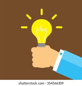 Flat style modern idea innovation light bulb infographic concept. Conceptual web illustration of businessman hand holding lamp. Creative Idea. black background.