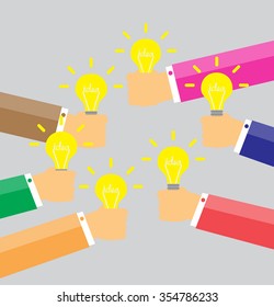 Flat style modern idea innovation light bulb infographic concept. Conceptual web illustration of businessman hands holding lamp. Creative Idea. people creative and brainstorm idea for business