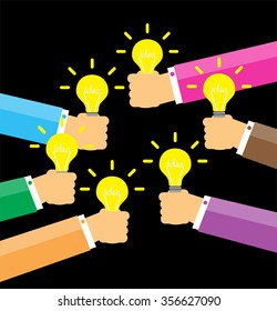 Flat style modern idea innovation light bulb infographic concept. Conceptual web illustration of businessman hands holding lamp. Creative Idea. people creative and brainstorm idea for business
