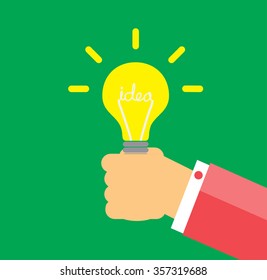 Flat style modern idea innovation light bulb infographic concept. Conceptual web illustration of businessman hand holding lamp. Creative Idea. green background.