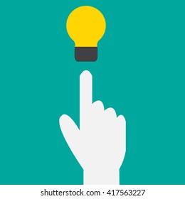 Flat style modern idea innovation light bulb infographic concept. Conceptual web illustration of businessman hand holding lamp. Creative Idea. Green  background.
