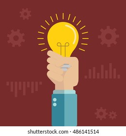 Flat style modern idea innovation light bulb infographic concept. Conceptual web illustration of businessman hand holding lamp. Business strategy planning objects icon set collage