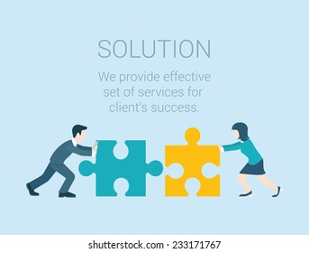 Flat Style Modern Infographic Business Solution Concept. Conceptual Web Illustration Businessman And Businesswoman Characters Connecting Puzzle Pieces.