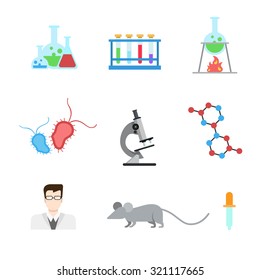 Flat style modern laboratory research experiment web app concept icon set. Lab mouse flask beaker test tube heater microbe microscope DNA molecule doctor pipette dropper. Website icons collection.