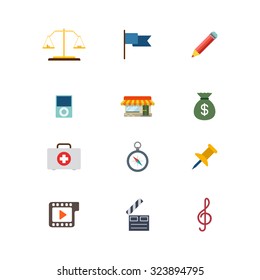 Flat style modern law judicial business web app concept icon set. Scales flag pencil mp3 player local shop store money bag emergency kit briefcase compass pin treble clef. Website icons collection.