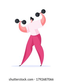 Flat style of modern male sportive character lifting pair of dumbbells above head while working out isolated on white background