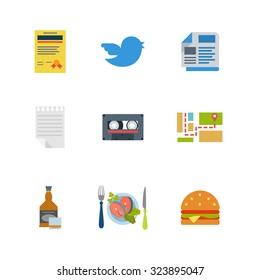 Flat style modern mobile restaurant web app concept icon set. License certificate bird tweet newspaper notepad audio cassette map route navigation whiskey whisky steak burger. Website icons collection
