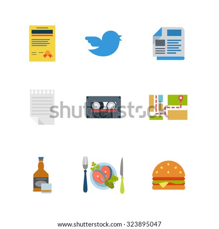 Flat style modern mobile restaurant web app concept icon set. License certificate bird tweet newspaper notepad audio cassette map route navigation whiskey whisky steak burger. Website icons collection