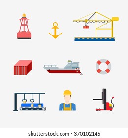 Flat style modern nautical marine port delivery shipment transport icon set. Buoy anchor port loading crane container yacht boat ring conveyor worker loader.