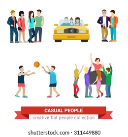 Flat style modern people casual clothes icons situations web template infographic vector icon set. Young couple in car friends basketball DJ party. Creative people collection.