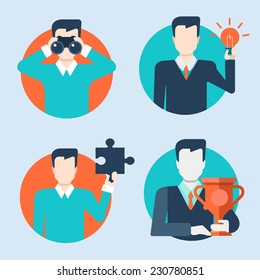 Flat style modern people icons business man situations web template vector icon set. Search with binocular, idea lightbulb, puzzle piece, trophy winner. Male businessman lifestyle icons.