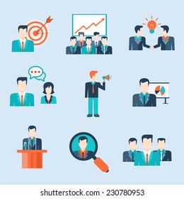 Flat style modern people icons business man situations web infographic template vector icon set. Businessmen women lifestyle icons. Teamwork, workforce, partnership, leadership, promotion, HR concept.