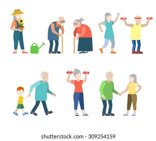 Flat style modern people icons oldies situations web template infographic vector icon set. Grey men women granny grandpa healthy lifestyle icons.