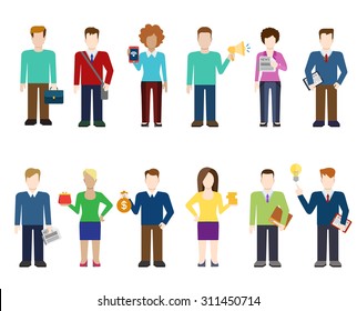 Flat style modern people icons professional worker and object situations web template infographic vector icon set. Idea travel savings agitator tablet phone. Men women lifestyle icons.