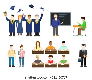 Flat Style Modern People Icons Education Knowledge School University College Situations Web Template Infographic Vector Icon Set. Men Women Lifestyle Icons.