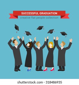 Flat style modern people icons successful graduate students education knowledge school university college web template infographic vector concept. Happy graduates in uniform throwing caps.