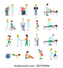 Flat Style Modern People Icons Oldies Situations Web Template Infographic Vector Icon Set. Grey Men Women Granny Grandpa Oldie Older Healthy Lifestyle Sports Massage Treatment Rehabilitation Icons.