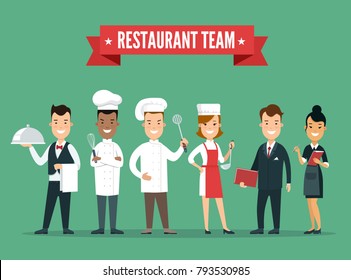 Flat style modern professional restaurant team cook characters vector illMulticultural ustration. Multicultural master chef man and woman. People with kitchen utensils cookware. Ribbon text