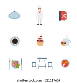 Flat style modern restaurant eatery cooking web app concept icon set. Tray salver cook chef menu coffee cake sugar salmon fish steak soup bar table stool. Website icons collection.